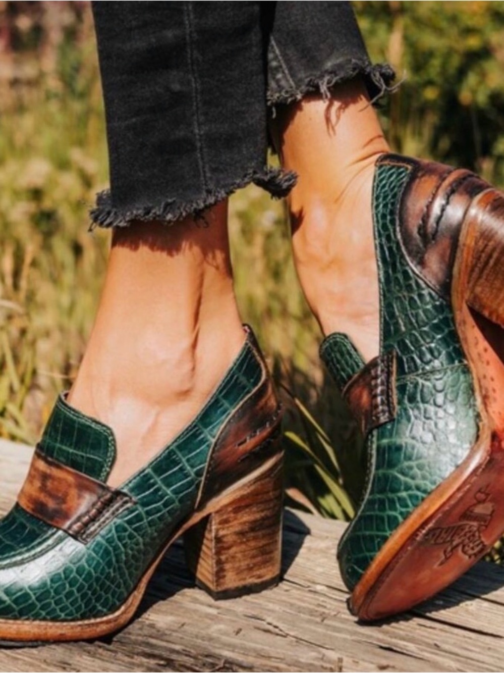 Freebird by Steven Bellevue Green Croc-Texture Leather Block Heel Loafers